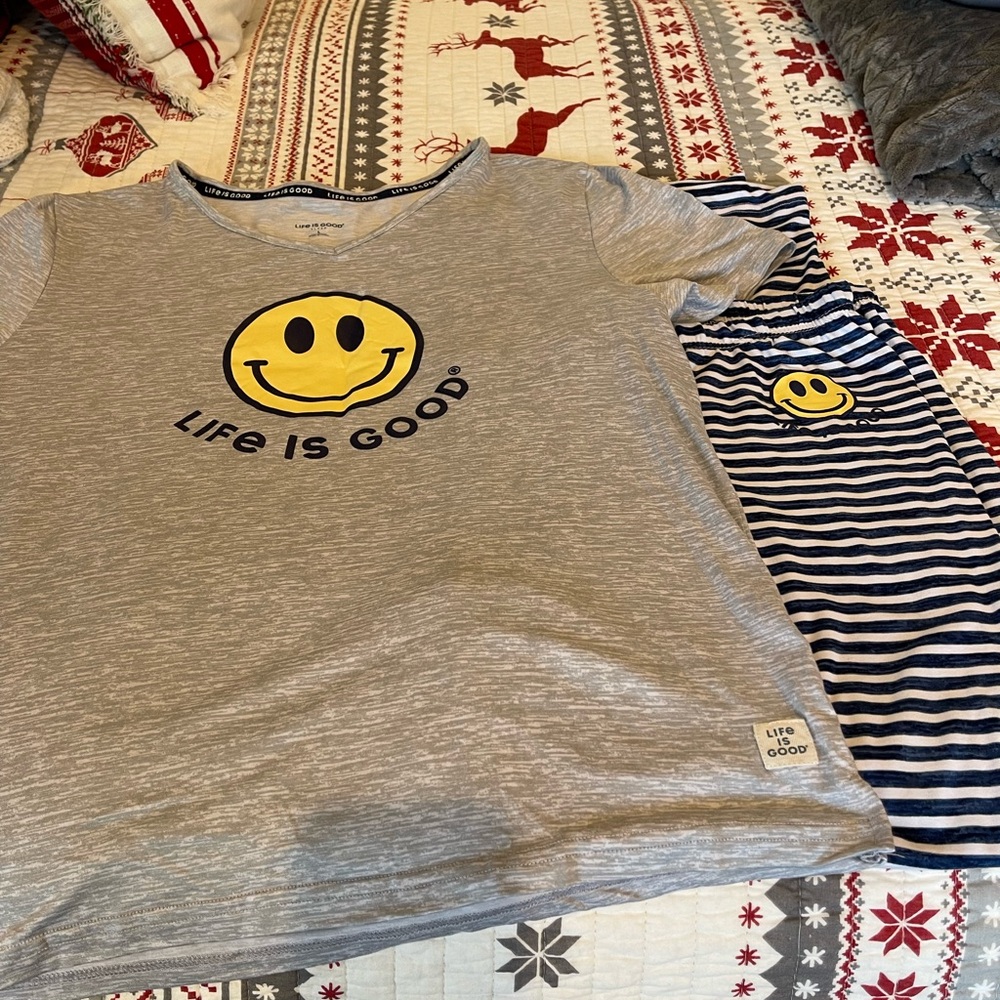 Life Is Good Gray and Navy Pajama Set